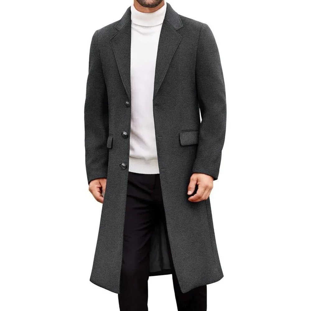 Men's Dark Grey Trench Coat Long Casual Notched Collar Wool Blend Pea coat